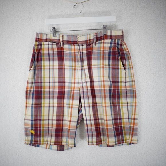 Abercrombie Plaid Cream Red Multi-Colored High Rise‎ Shorts 34 / 10" Inseam - Picture 1 of 7